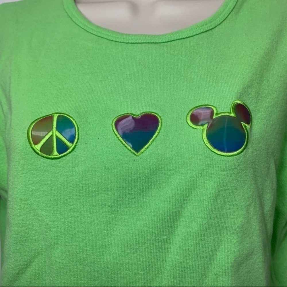 Vtg  Disney neon green T-shirt peace love Disney L